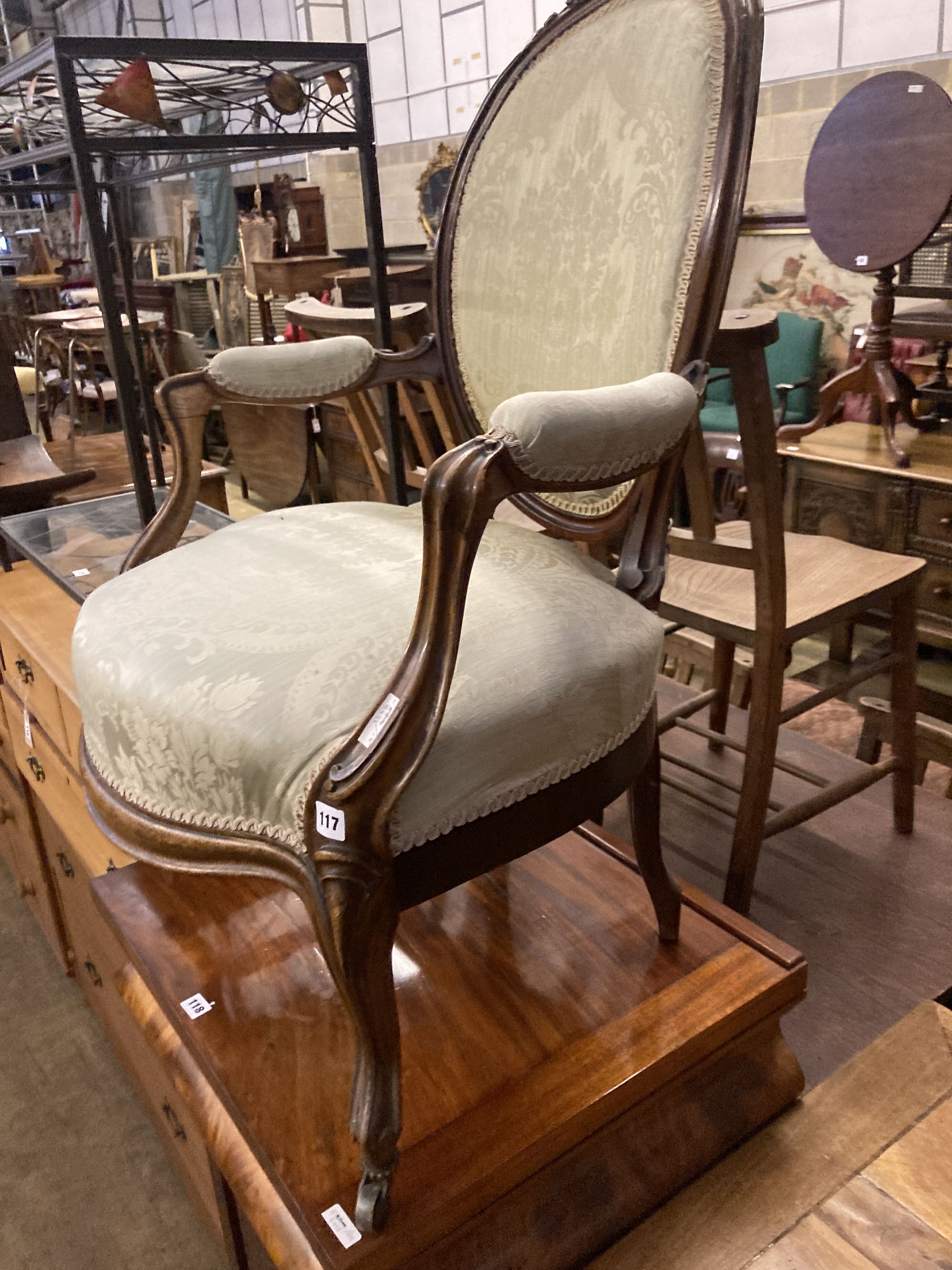 A Victorian upholstered walnut salon chair, width 63cm, depth 50cm, height 100cm